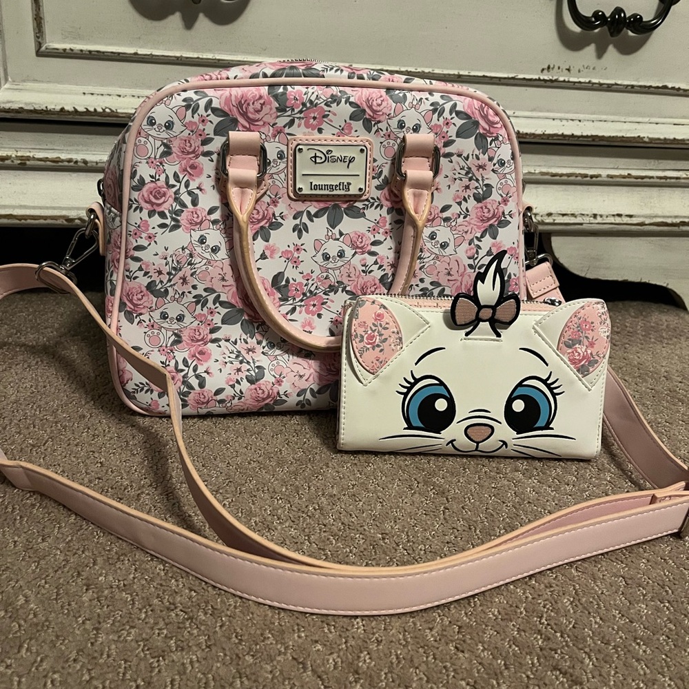 LOUNGEFLY DISNEY FLORAL MARIE PURSE AND WALLET SET